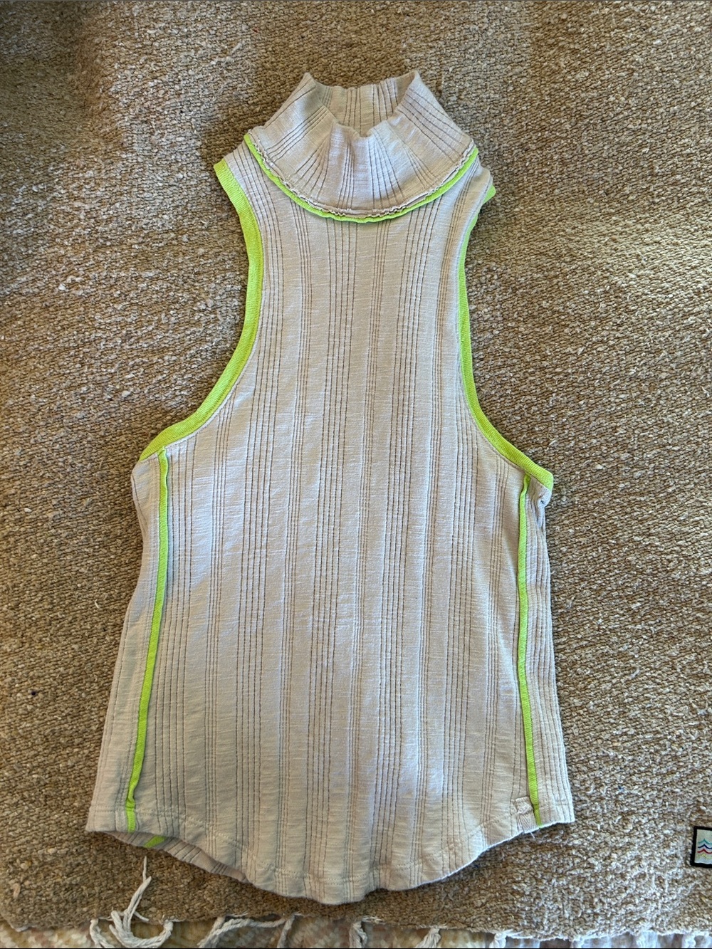 We The Free Beige Ribbed Mock Neck Tank with Neon Green Trim